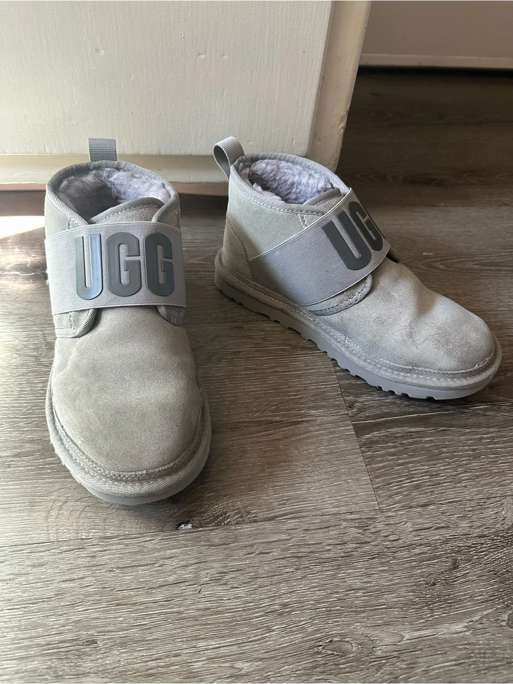 UGG Light Grey Suede Shearling Strap Boots